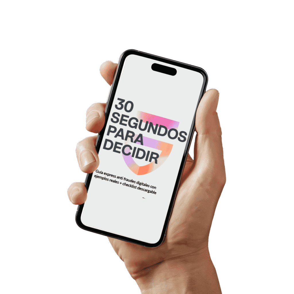 Mano sosteniendo un smartphone con la portada del eBook “30 segundos para decidir”, guía express anti fraudes digitales con ejemplos reales y checklist a recibir por inscribirte en el webinar de seguridad informática para principiantes