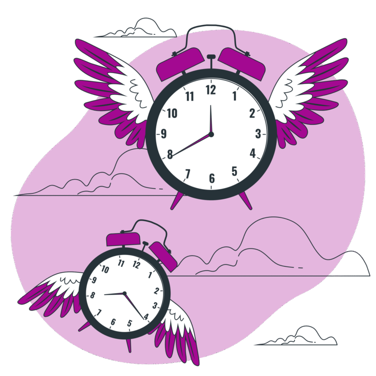 Ilustración de relojes con alas que simbolizan que el tiempo vuela, invitando a registrarse hoy al webinar de seguridad informática para principiantes para ahorrar tiempo y riesgos