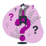 Ilustración de una persona sentada sobre un signo de pregunta, representando dudas frecuentes y motivos para tomar el webinar de seguridad informática para principiantes